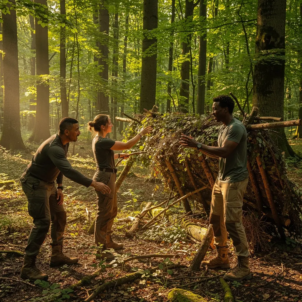 Természetes menedék építése fák ágait és leveleit felhasználva az erdőben.